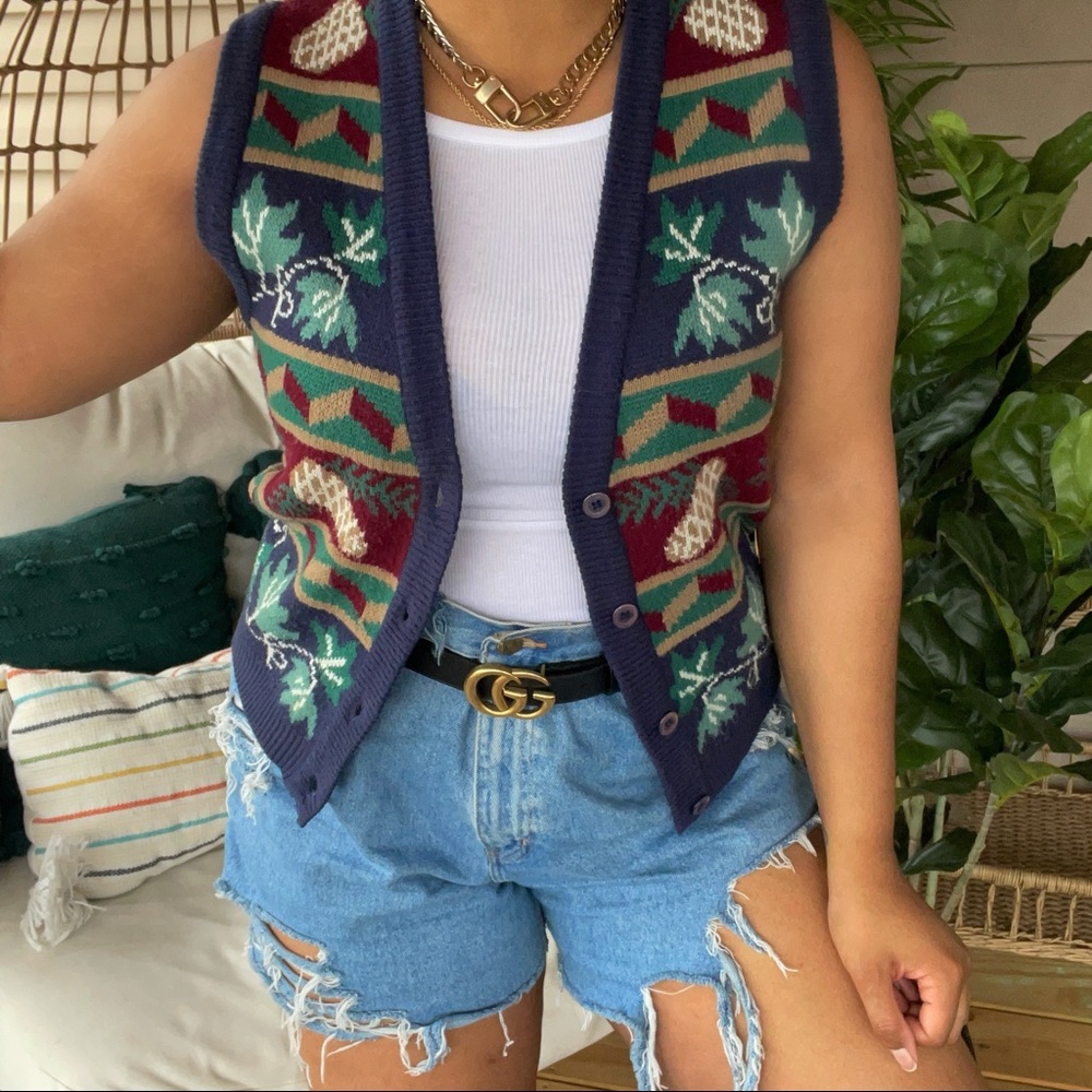 Vintage Teal Boho Granolacore Grandma Sweater Vest Cardigan SZ S
